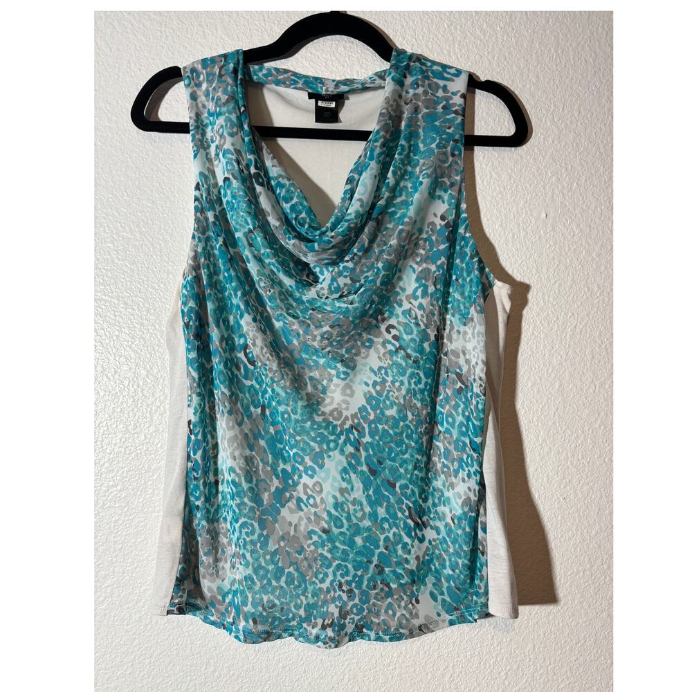Ann Taylor Size M Petite Turquoise Gray Leopard Cheetah Cowl Neck Sleeveless Top